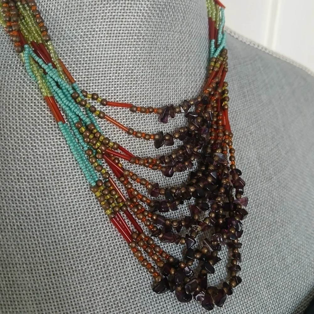Colorful Peyote Multi-Stand Seed Bead Bohemian Necklace Native American Artistic
